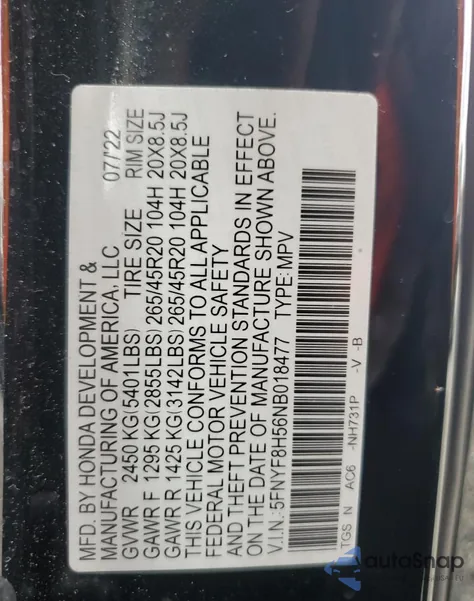 2022 Honda Passport Exl from USA, damaged, VIN 5FNYF8H56NB018477